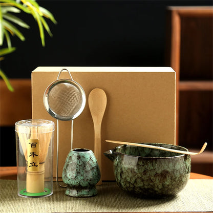 6-Piece Japanese Matcha Tea Set — Porcelain + Bamboo Whisk Kit