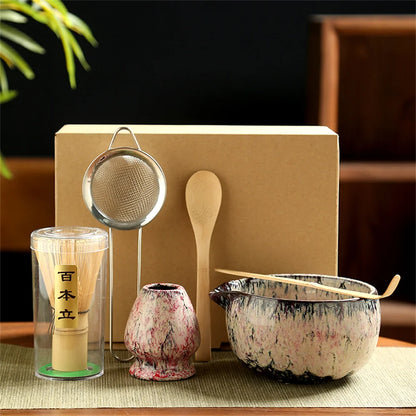 6-Piece Japanese Matcha Tea Set — Porcelain + Bamboo Whisk Kit