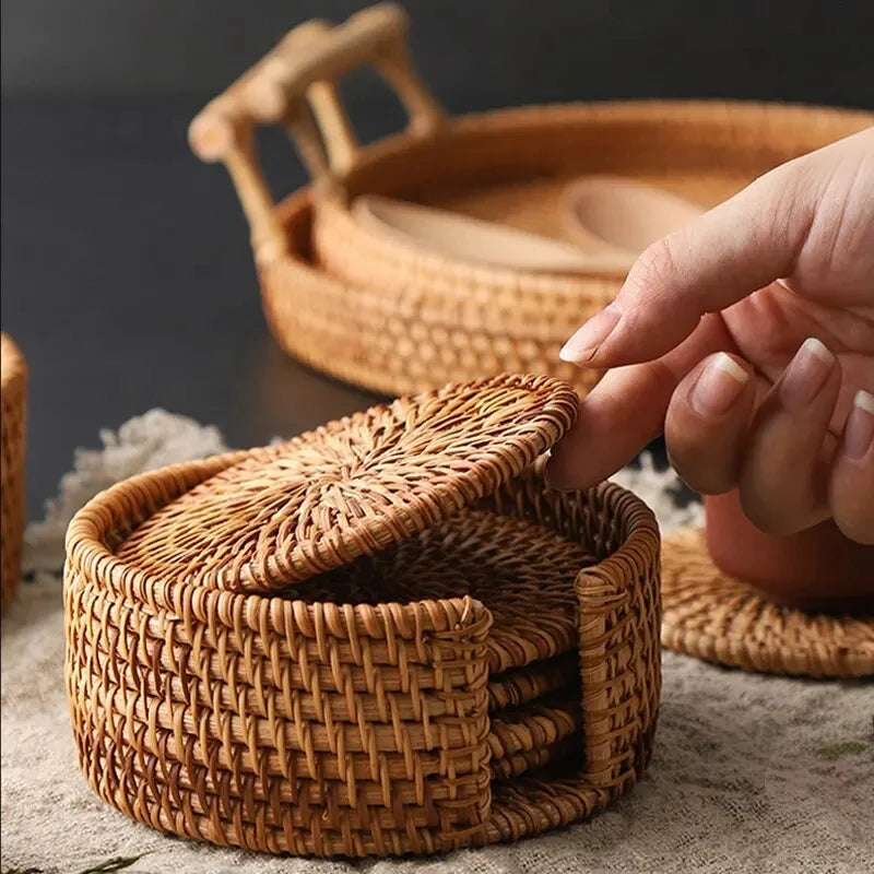 Handwoven Rattan Coaster Set