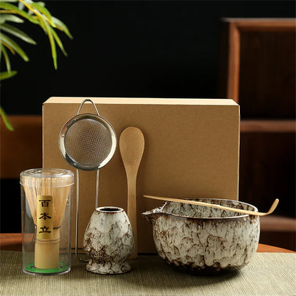 6-Piece Japanese Matcha Tea Set — Porcelain + Bamboo Whisk Kit