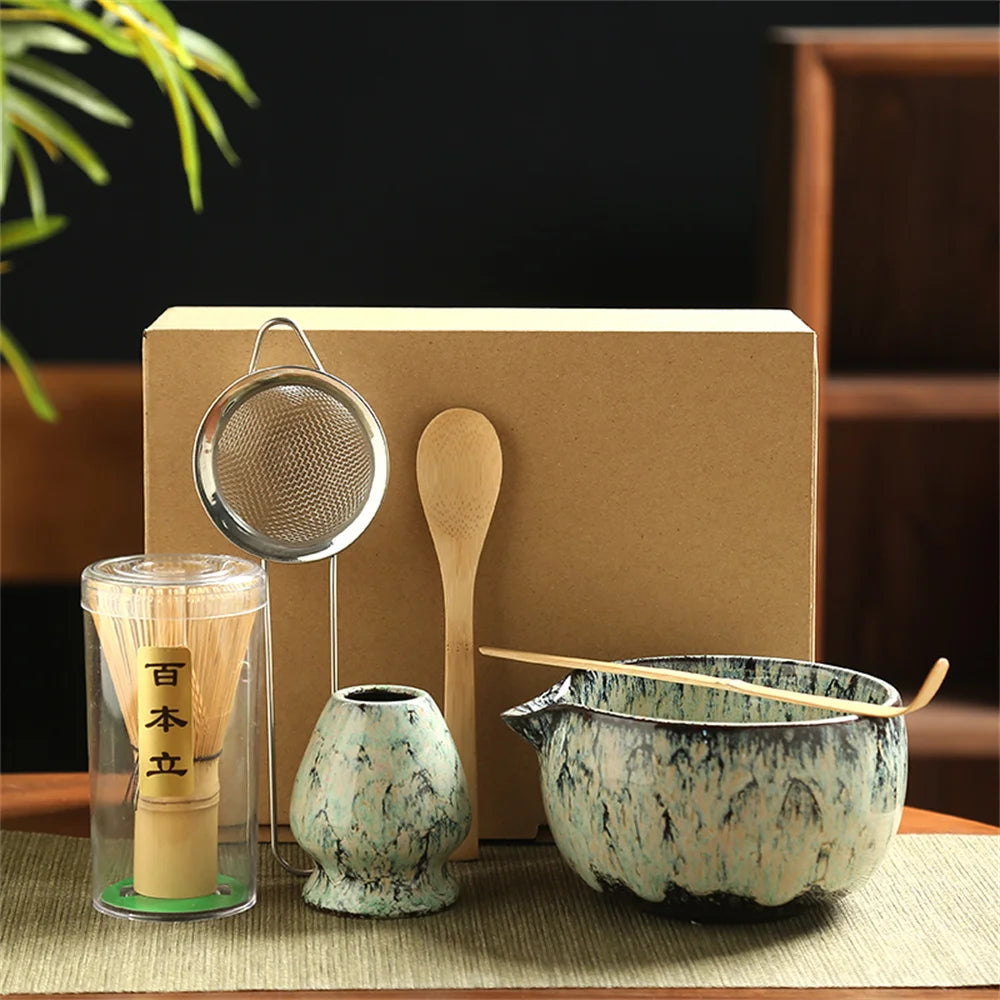 6-Piece Japanese Matcha Tea Set — Porcelain + Bamboo Whisk Kit